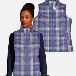 LANDS END Puffer Vest 600 Fill Premium Down Purple Plaid Petite M 10-12
